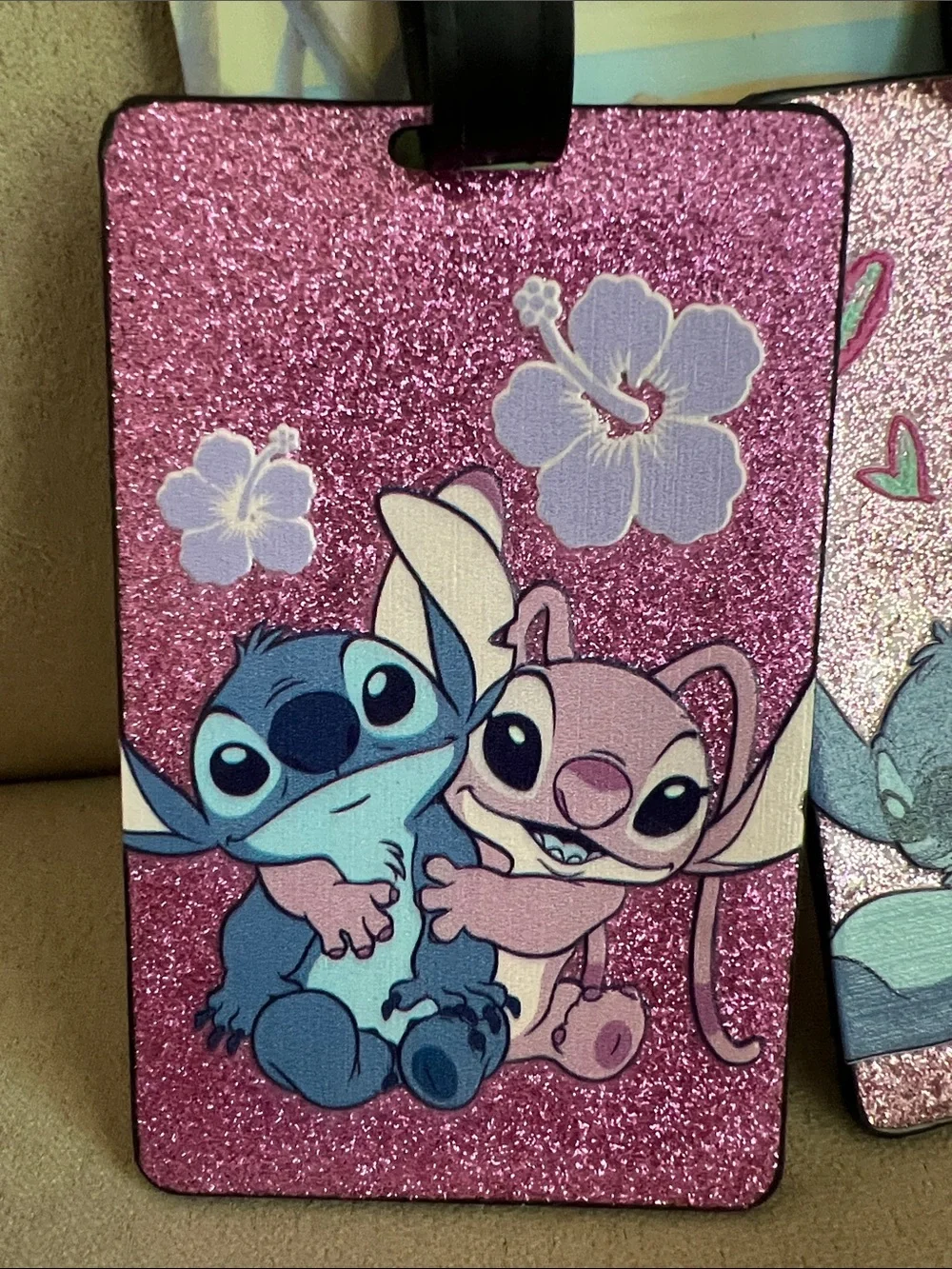 NWT DIsney Pink Glitter Stitch & Angel Bag Tags - Set of 2